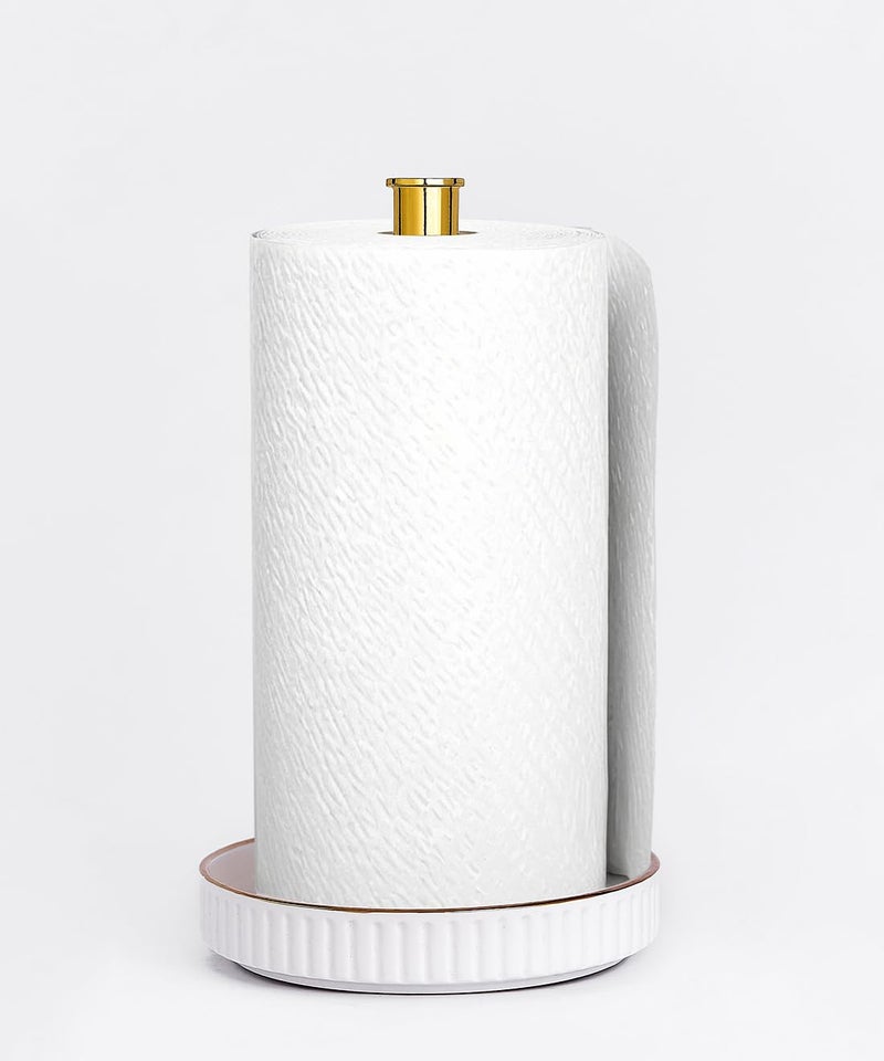 VROOMIUM Gold Paper Towel Holder Countertop, Ceramic Base Easy-to-Clean, 1.5 lbs, 7" B x 12.5" H, Stable Elegant and Durable Kitchen Roll Stand - Image 4