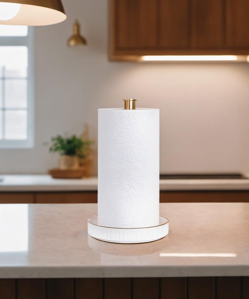 VROOMIUM Gold Paper Towel Holder Countertop, Ceramic Base Easy-to-Clean, 1.5 lbs, 7" B x 12.5" H, Stable Elegant and Durable Kitchen Roll Stand - Image 5