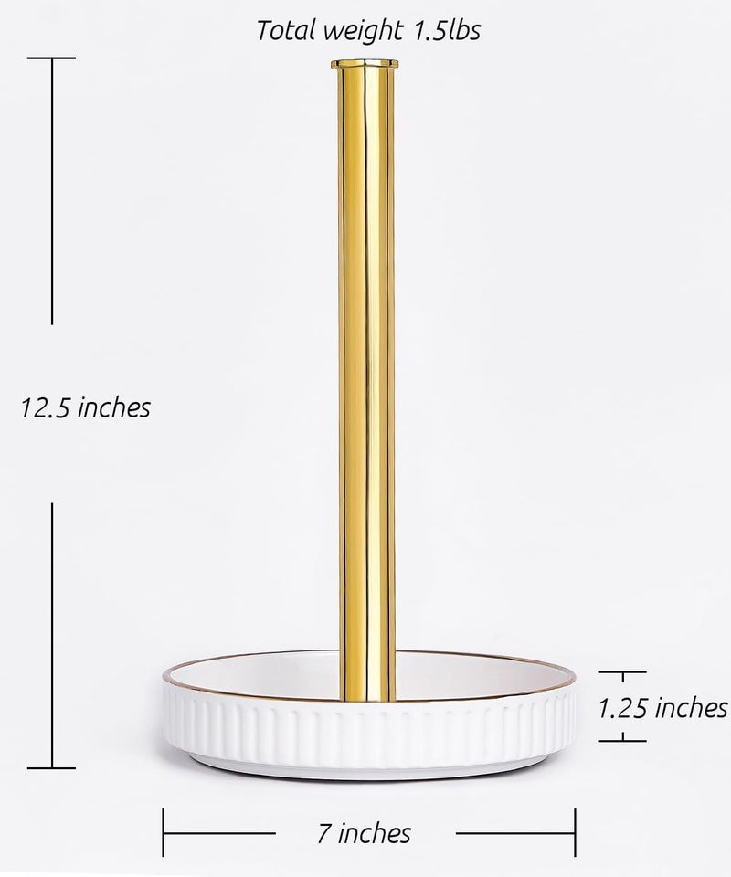 VROOMIUM Gold Paper Towel Holder Countertop, Ceramic Base Easy-to-Clean, 1.5 lbs, 7" B x 12.5" H, Stable Elegant and Durable Kitchen Roll Stand - Image 3