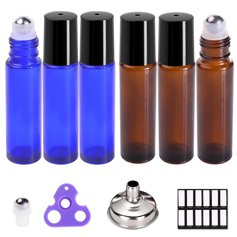 PrettyCare Roller Bottles For Oils 10 ml (Amber Glass and Blue Glass, 6 Pack, 1 Extra Stainless Steel Balls, 12 Labels, 1 Opener, 1 Funnels Essential Oil Roller Bottles, Roller on Bottles - Image 1
