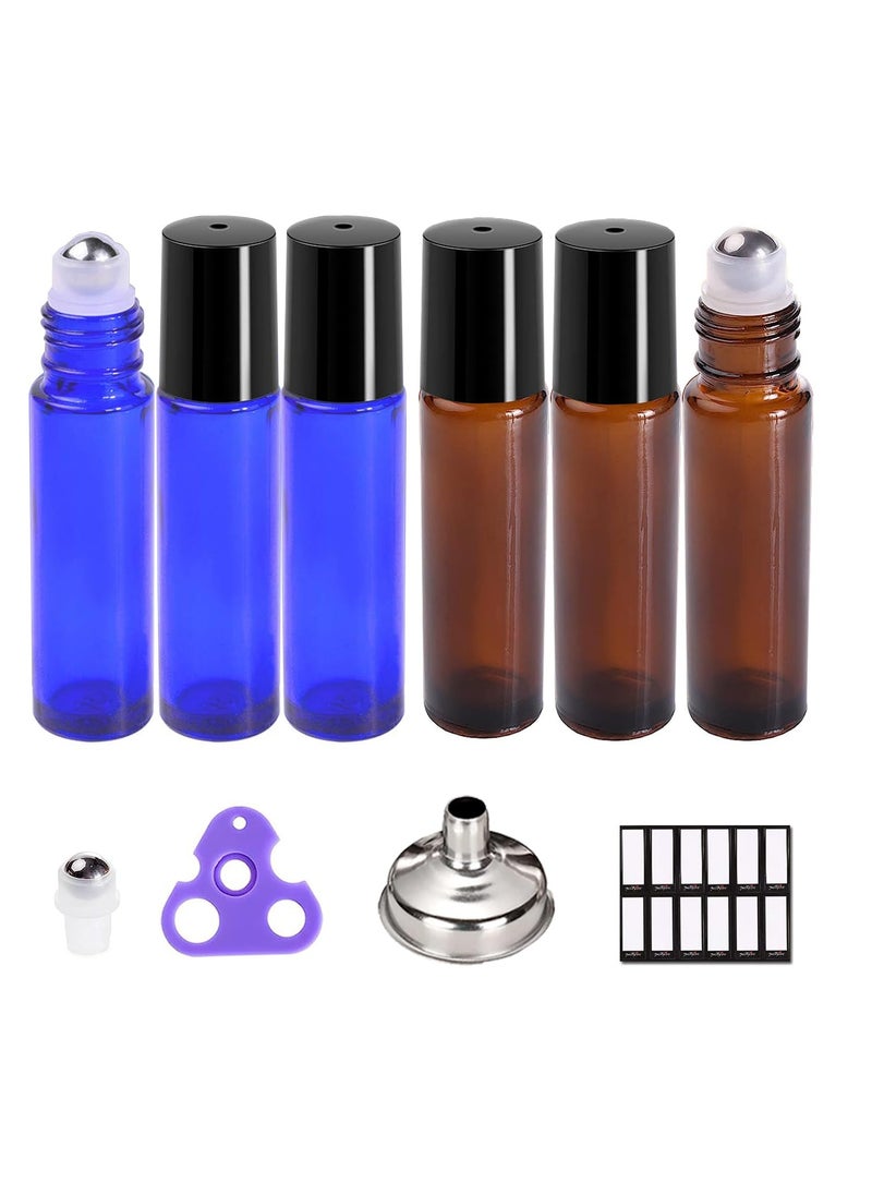 PrettyCare PrettyCare Roller Bottles For Oils 10 ml (Amber Glass and Blue Glass, 6 Pack, 1 Extra Stainless Steel Balls, 12 Labels, 1 Opener, 1 Funnels Essential Oil Roller Bottles, Roller on Bottles  - Image 1