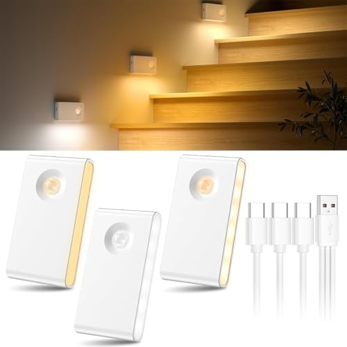 ELEPHANTBOAT® 3Pcs Motion Sensor LED Light, Magnetic Night Light 3-Color Dimmable USB Sensor Light for Home Indoor, Rechargeable Cordless Wall Lamp for Closet Wardrobe 700mAh 8.75x4.5cm - Image 1