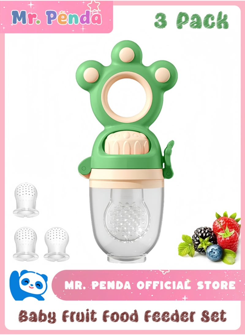 Mr. Penda Baby Fruit Feeder, 2-in-1 Fresh Food Feeder with 3 Sizes S M L Sacs, BPA Free Soft Silicone Nibbler, Pushable Rotating Design Self Feeding Teething Toy, Safe Infant Toddler Weaning Relief Gift (Green) - Image 1