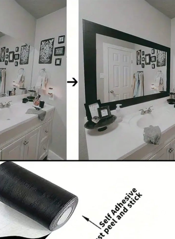 1pc Black Wood Grain Peel & Stick Wallpaper Border - 10m Removable PVC, Waterproof & Oil-Proof, Easy to Apply Mirror Frame Decor for Kitchen & Bathroom, Chic Home Makeover, Waterproof Wallpaper for Bathroom