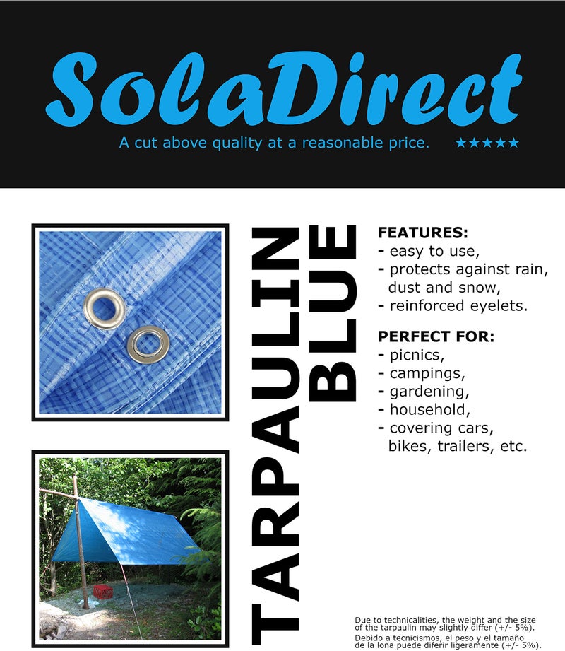 SolaDirect 5 x 8 m Blue Tarpaulin Cover, Waterproof, Weatherproof, Frost-Resistant, UV Protection, Universal, Multipurpose, Groundsheet, Camping, Boating, Hiking - Image 2