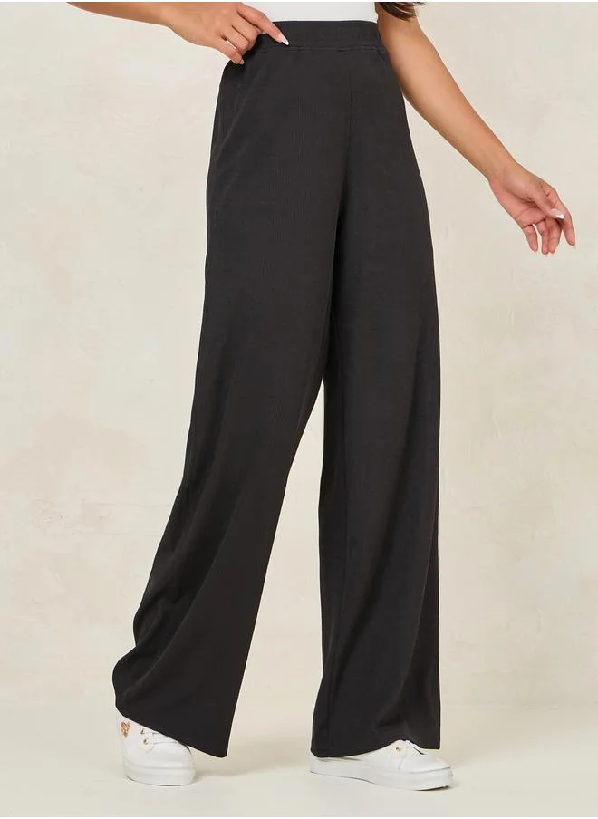 ستايلي Ribbed Wide Leg Pants with Elastic Waistband