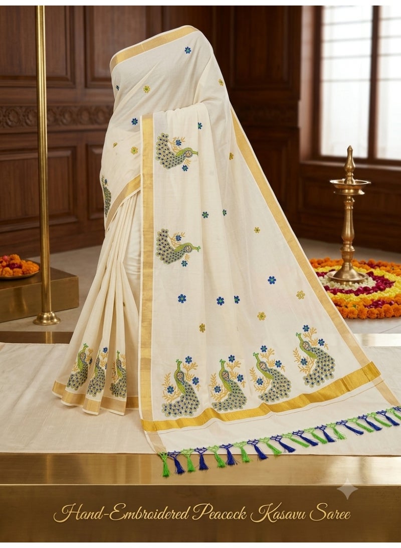Onam Hand-Embroidered Peacock Kasavu Saree with Gold Border - Image 1