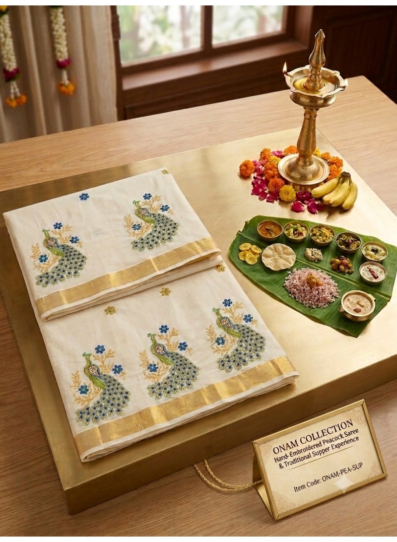 Onam Hand-Embroidered Peacock Kasavu Saree with Gold Border - Image 2