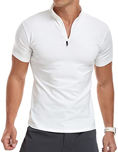 YTD Men's Classic Zip Up Short Sleeve Polo Shirts Casual Slim Fit Tops Basic Designed Cotton Shirts L White - Image 1