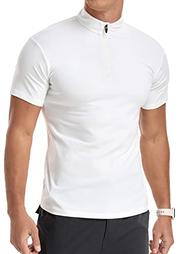 YTD Men's Classic Zip Up Short Sleeve Polo Shirts Casual Slim Fit Tops Basic Designed Cotton Shirts L White - Image 5