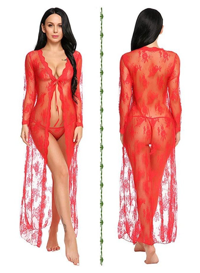 Women's  Floral Lace  Long Robe with , See-Through Mesh Nightwear - Image 1