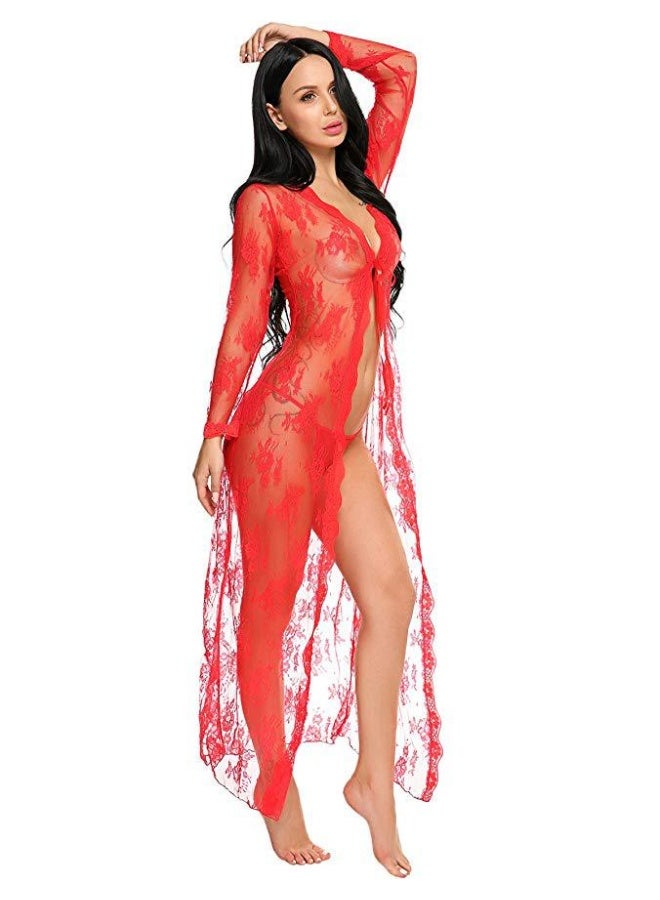Women's  Floral Lace  Long Robe with , See-Through Mesh Nightwear - Image 2