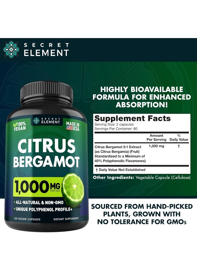 SECRET ELEMENT Citrus Bergamot Extract 1000mg - Citrus Bergamot Supplement for Heart, Immune System Support, and Healthy Aging - Pure, Vegan Bergamot Capsules  - Image 3