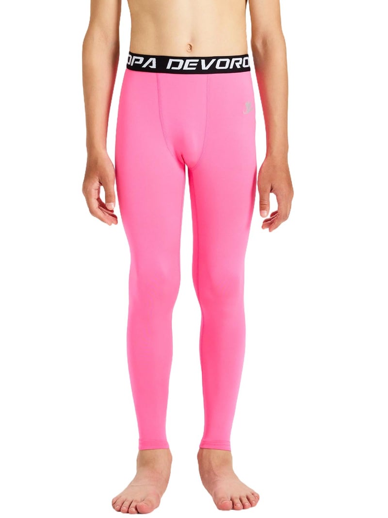 DEVOROPA Boys Leggings Quick Dry Youth Compression Pants Sports Tights Basketball Base Layer Pink S - Image 2