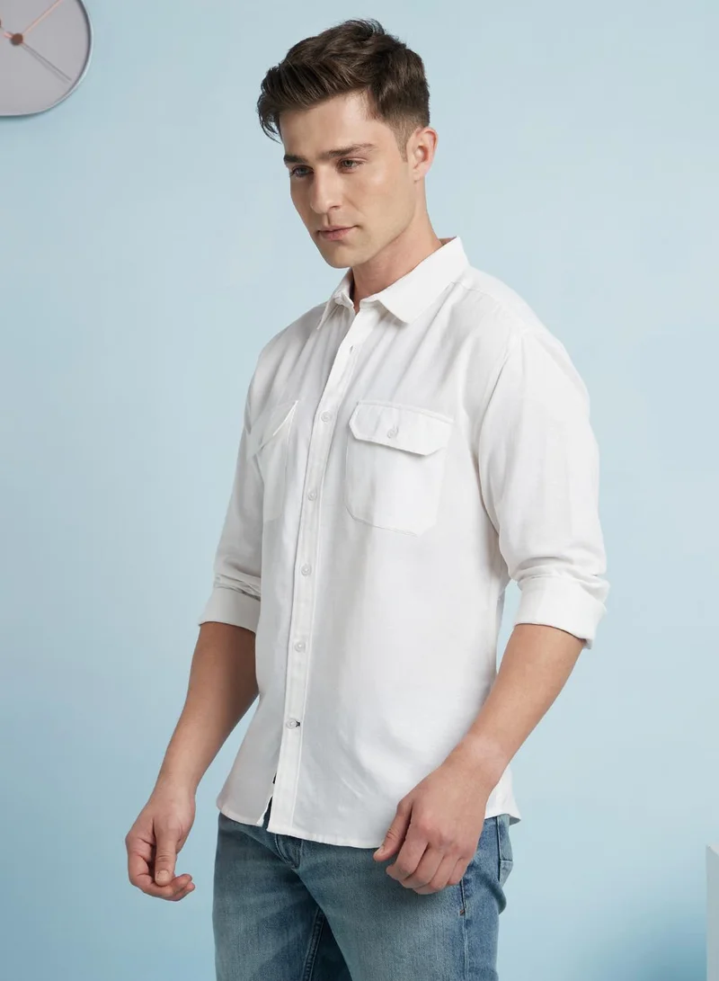 دينيس لينغو Men's Ecru Cotton Blend Solid Regular Fit Shirt