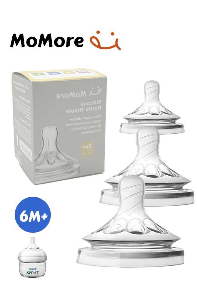 Momore Pack Of 3 Natural Feeding Bottle Nipple 6 Months+, For AVENT Bottle - Image 1