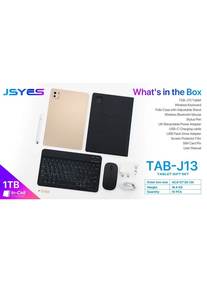 JSYES مجموعة هدايا تابلت TAB-J13 – سعة تخزين 1TB، شاشة تعمل باللمس HD بحجم 10.1 بوصة، لوحة مفاتيح لاسلكية، فأرة بلوتوث، قلم، حقيبة فوليو، شحن USB-C – ذهبي - Image 4