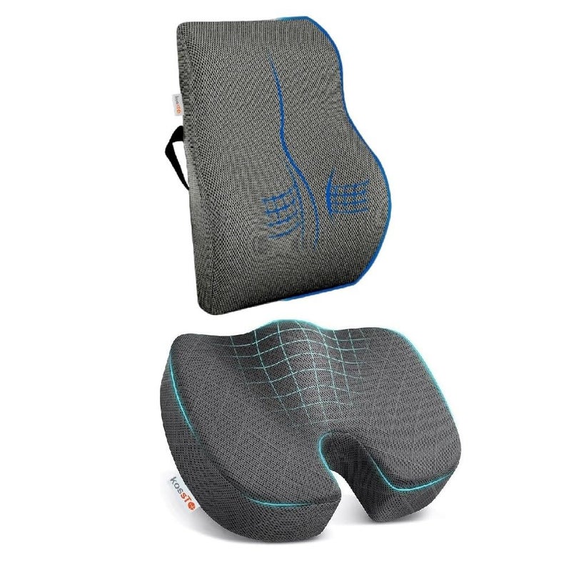 kossto Ultimate Pro Seat Cushion & Backrest Cushion Combo, Relieves Back, Coccyx Pain, Memory Foam for Orthopedic Support, for Long Sitting Hours on Office/Home Chair with 2 Years Warranty (Silver) - Image 1