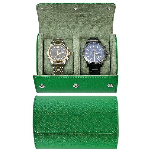 ROSELLE Watch Roll Travel Case for Men and Women- 2 Watch Storage and Organizer-Secure Storage with Innovative Removable Pillows & Solid Dividers for Home Storage, Travel and Display (Green Cross-2 Slot) - Image 1