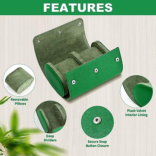 ROSELLE Watch Roll Travel Case for Men and Women- 2 Watch Storage and Organizer-Secure Storage with Innovative Removable Pillows & Solid Dividers for Home Storage, Travel and Display (Green Cross-2 Slot) - Image 2