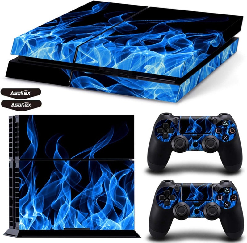 Asokex Ps4 Stickers Full Body Vinyl Skin Decal Cover for Playstation 4 Console Controllers (with 4pcs Led Lightbar Stickers) (Blue fire) - Image 1
