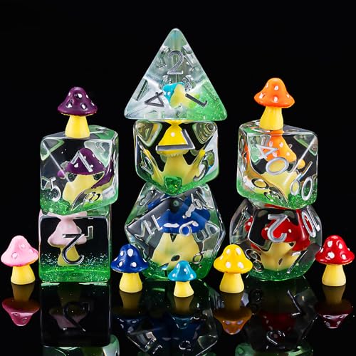 Maywin DD Resin Mushrooms Dice Set Polyhedral DND Dice Colored Mushrooms Inclusion Dice for Dungeons and Dragons MTG RPG Board Games for 15 Years and Up - Image 1
