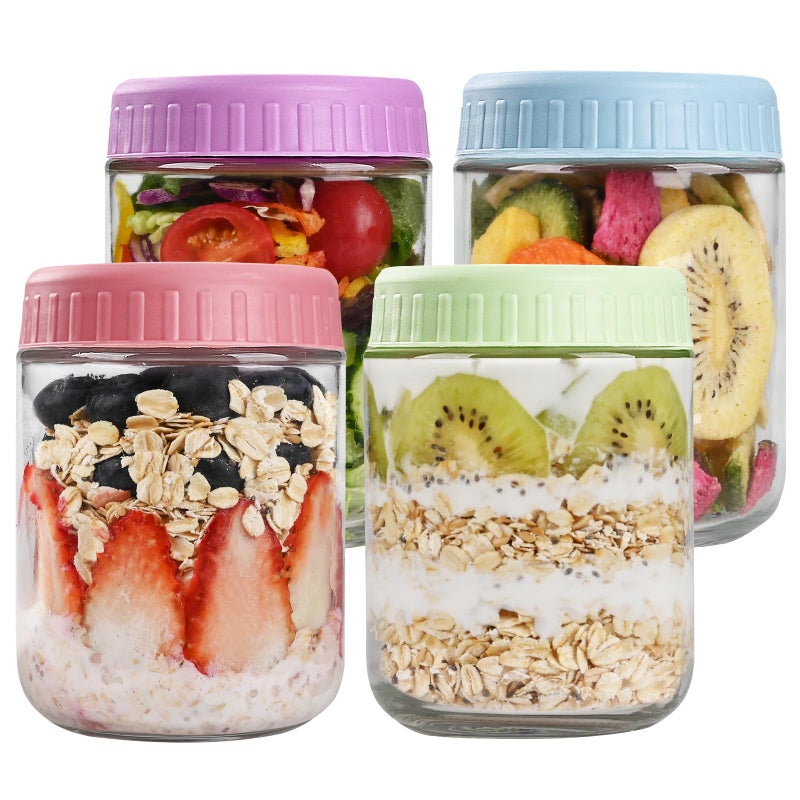 SHOWIN Overnight Oats Containers with Lids, 16oz Glass Jars with Lids 4 pcs, Candy, Wide Mouth Mason jars for Salad, Yogurt, Snacks, Meal Prep - Image 1