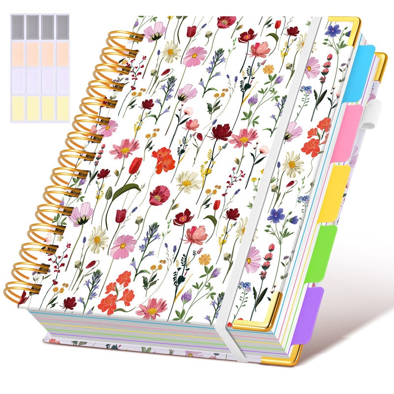 dilitego Hardcover Spiral Notebook journal with Removable Dividers Tabs, 300 Pages 5 Subject Notebook College Ruled, 100GMS Notebooks for Work School Note taking,Lined Journal for Women,A5-Flower white - Image 1