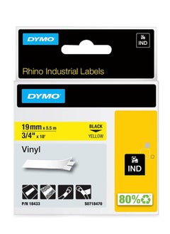 Dymo Rhino Tape 19Mmx5.5M Yellow Vinyl,Rhino Adhesive Vinyl Label Tape, 3/8-Inch, 18-Foot Cassette, Black