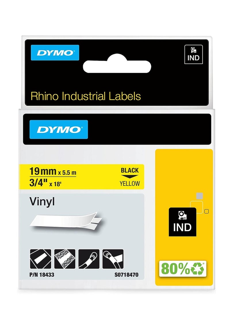 Dymo - Dymo Rhino Tape 19Mmx5.5M Yellow Vinyl,Rhino Adhesive Vinyl Label Tape, 3/8-Inch, 18-Foot Cassette, Black - Image 1
