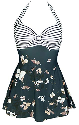 COCOSHIP Black White Striped & Bloom Floral Sailor Swimsuit Retro One Piece Skirtini Cover Up Bathing Suit Swimdress XXL(US14) - Image 1