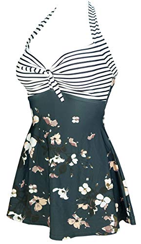COCOSHIP Black White Striped & Bloom Floral Sailor Swimsuit Retro One Piece Skirtini Cover Up Bathing Suit Swimdress XXL(US14) - Image 2