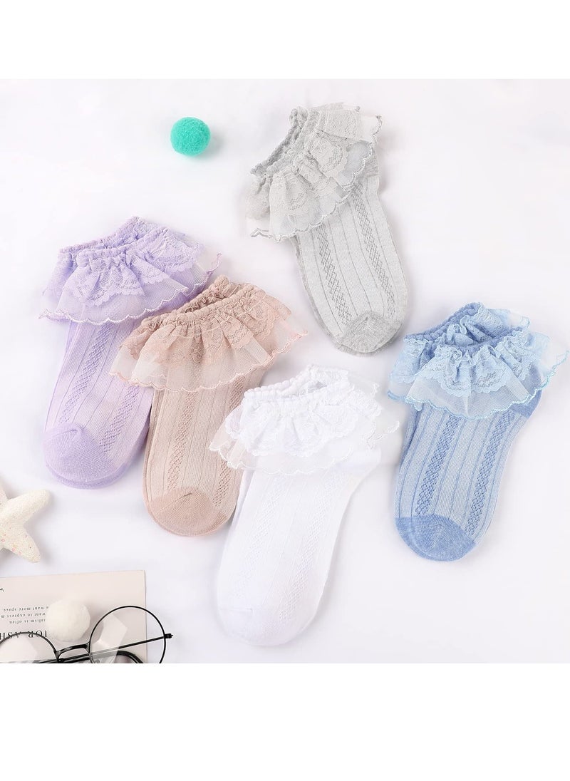 5 Pairs Girls Lace Ruffle Socks Kids Cotton Socks Baby Toddler Ankle Dress Socks, Girls Frilly Lace Tutu Flower Soft Cotton Socks Ankle Socks 3-5Y  - Image 5