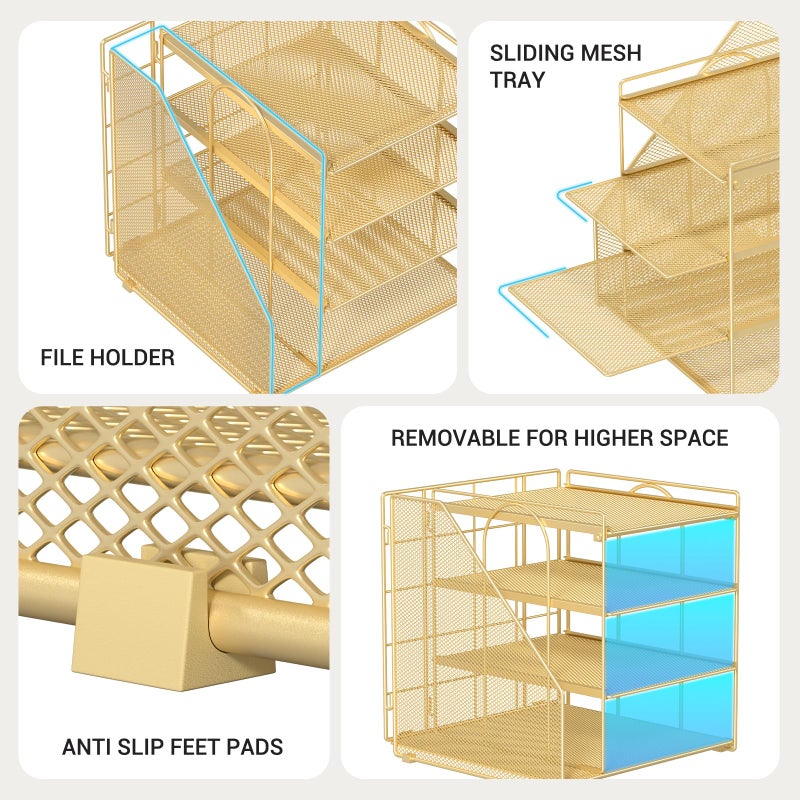 Becomrock Gold Desk Organizer, 4-Tier Metal Paper Organizer for Desk with Vertical File Holder, Office Accessories and Desktop Storage for Office Supplies (Gold) - Image 5