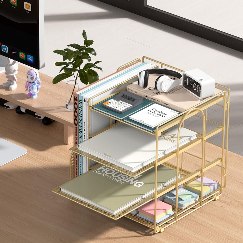 Becomrock Gold Desk Organizer, 4-Tier Metal Paper Organizer for Desk with Vertical File Holder, Office Accessories and Desktop Storage for Office Supplies (Gold) - Image 2