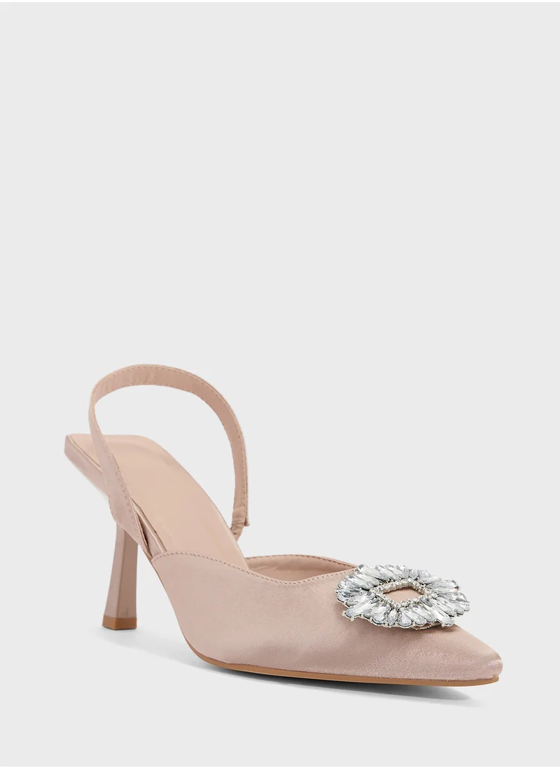 Truffle High Heel Sling Back Pump With Diamante Buckle