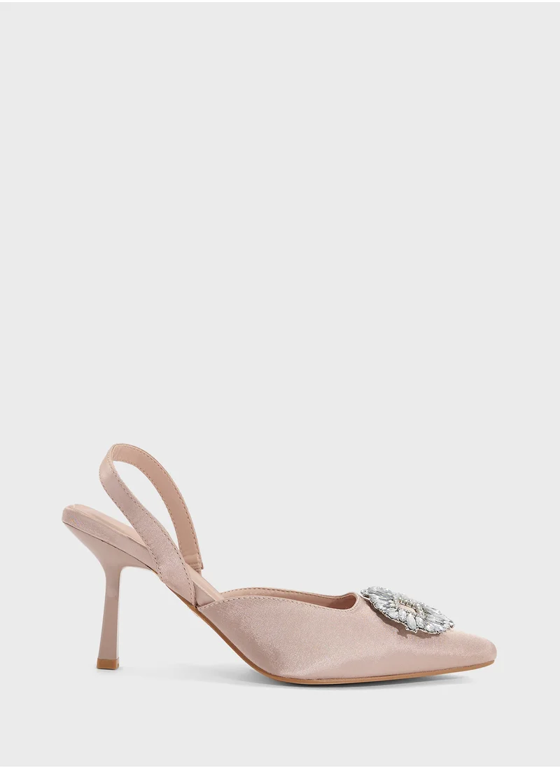 Truffle High Heel Sling Back Pump With Diamante Buckle