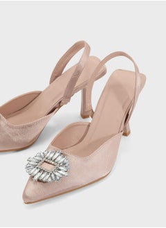 Truffle High Heel Sling Back Pump With Diamante Buckle  - Image 4