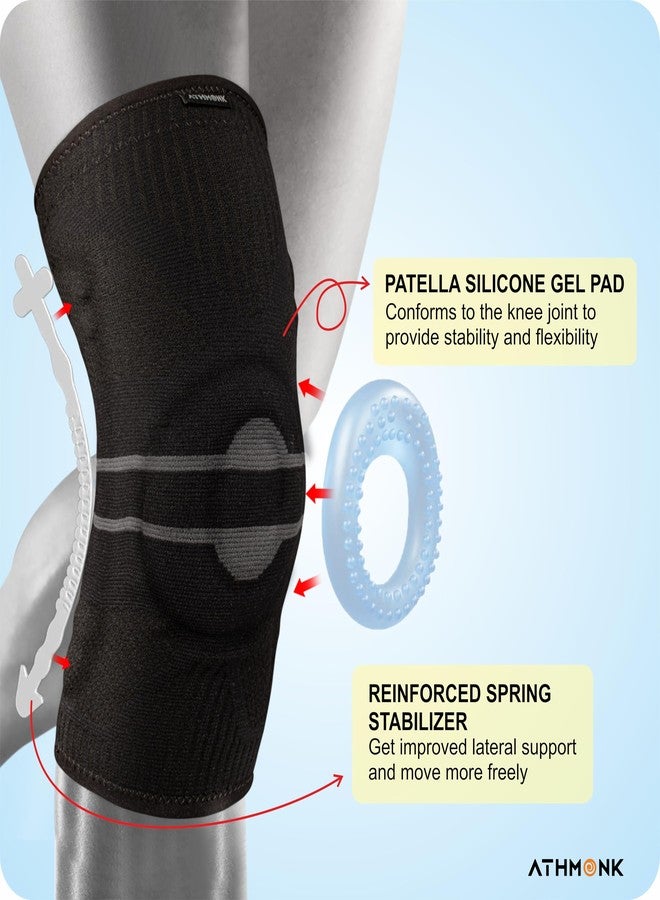 Athmonk 3D Patella Silicone Gel Pad Compression Knee Caps Supporter For Women & Men - Dual Stabilizer Springs - Knee Sleeves For Pain Relief - ACL Ortho Accessories Arthritis Knee Support - Black, L - Image 2