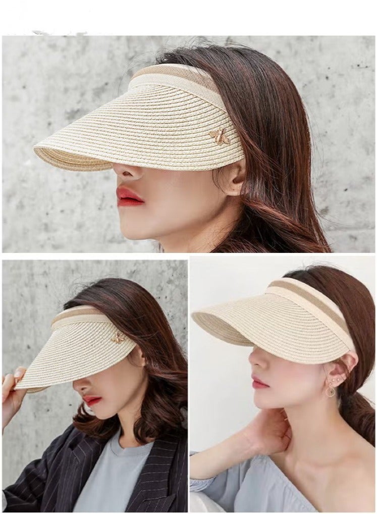 Generic 2 Pcs Empty Top Beach Straw Hat for Women Lady's Portable Beach Visor Bee Decor Sun Hat Casual Golf Beach Cap Outdoor Hat Garden Fishing Hiking - Image 3
