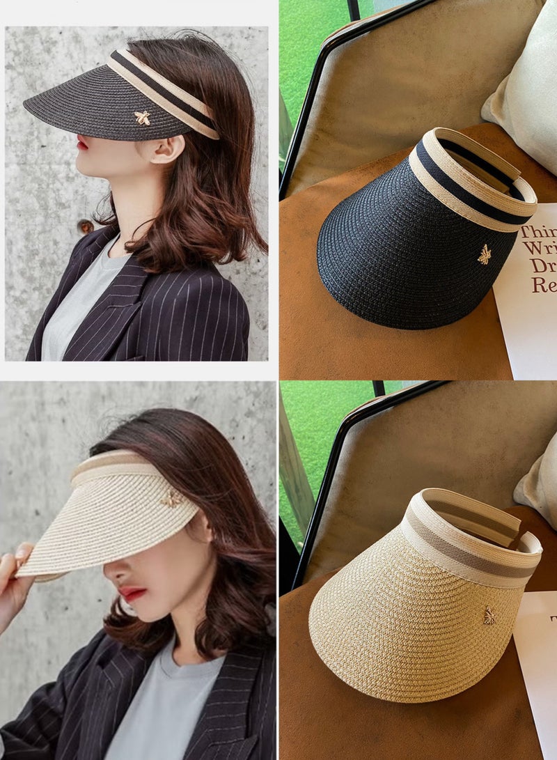 Generic 2 Pcs Empty Top Beach Straw Hat for Women Lady's Portable Beach Visor Bee Decor Sun Hat Casual Golf Beach Cap Outdoor Hat Garden Fishing Hiking - Image 1