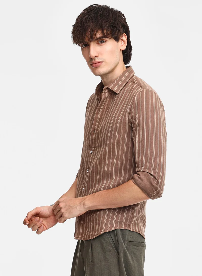 Campus Sutra Men's Tan Brown Halo Striped Shirt