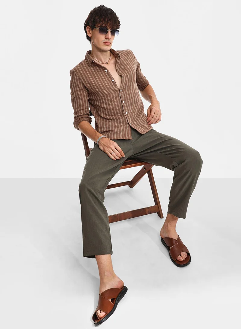 Campus Sutra Men's Tan Brown Halo Striped Shirt