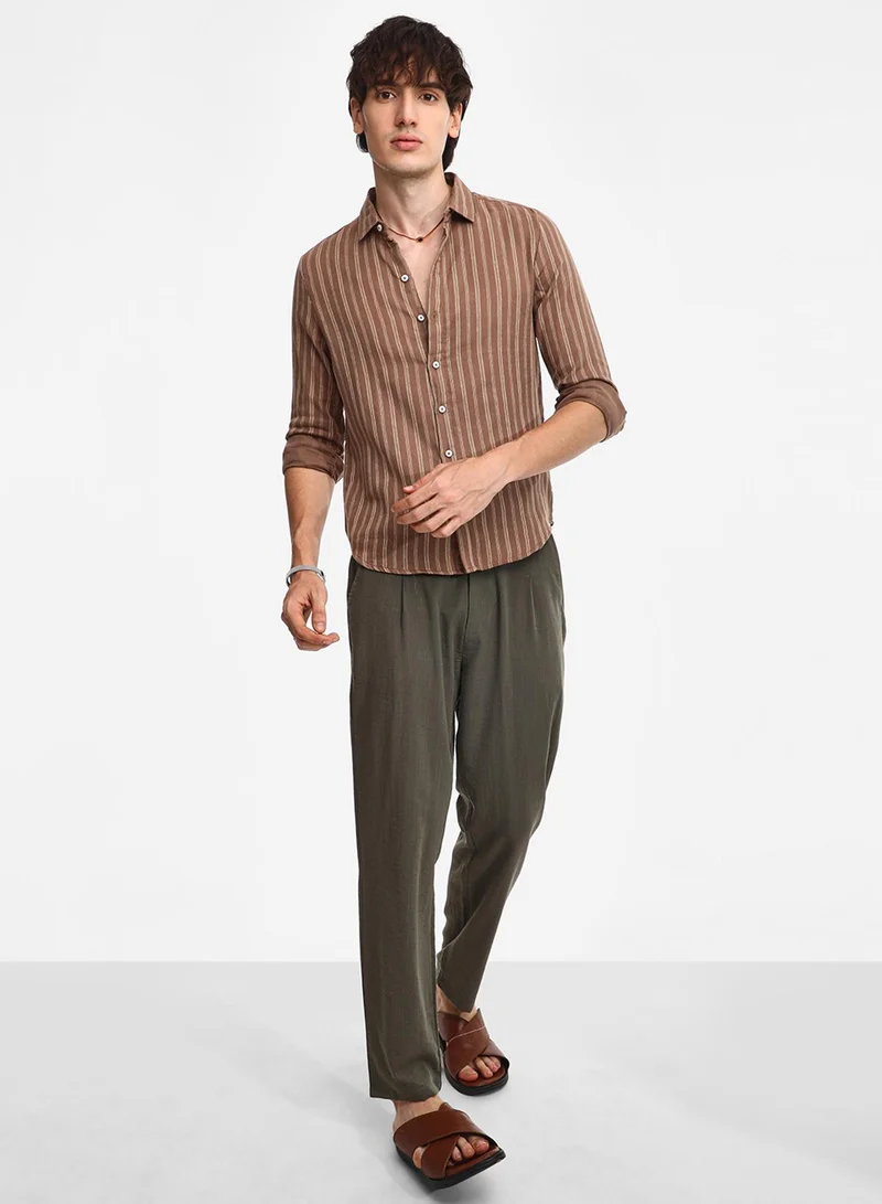 Campus Sutra Men's Tan Brown Halo Striped Shirt