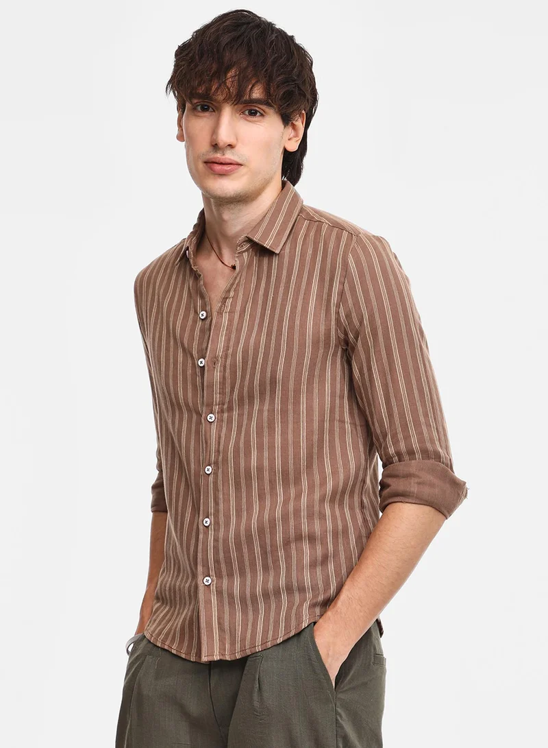 Campus Sutra Men's Tan Brown Halo Striped Shirt