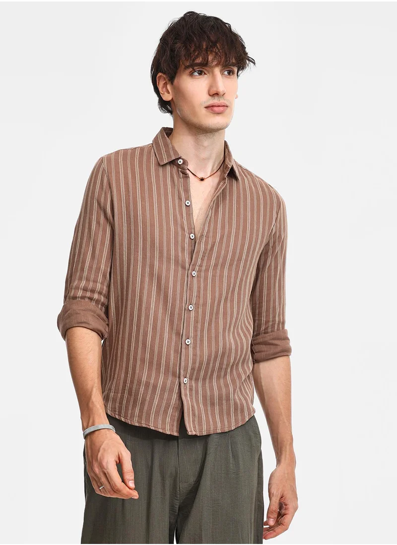 كامبوس سوترا Men's Tan Brown Halo Striped Shirt