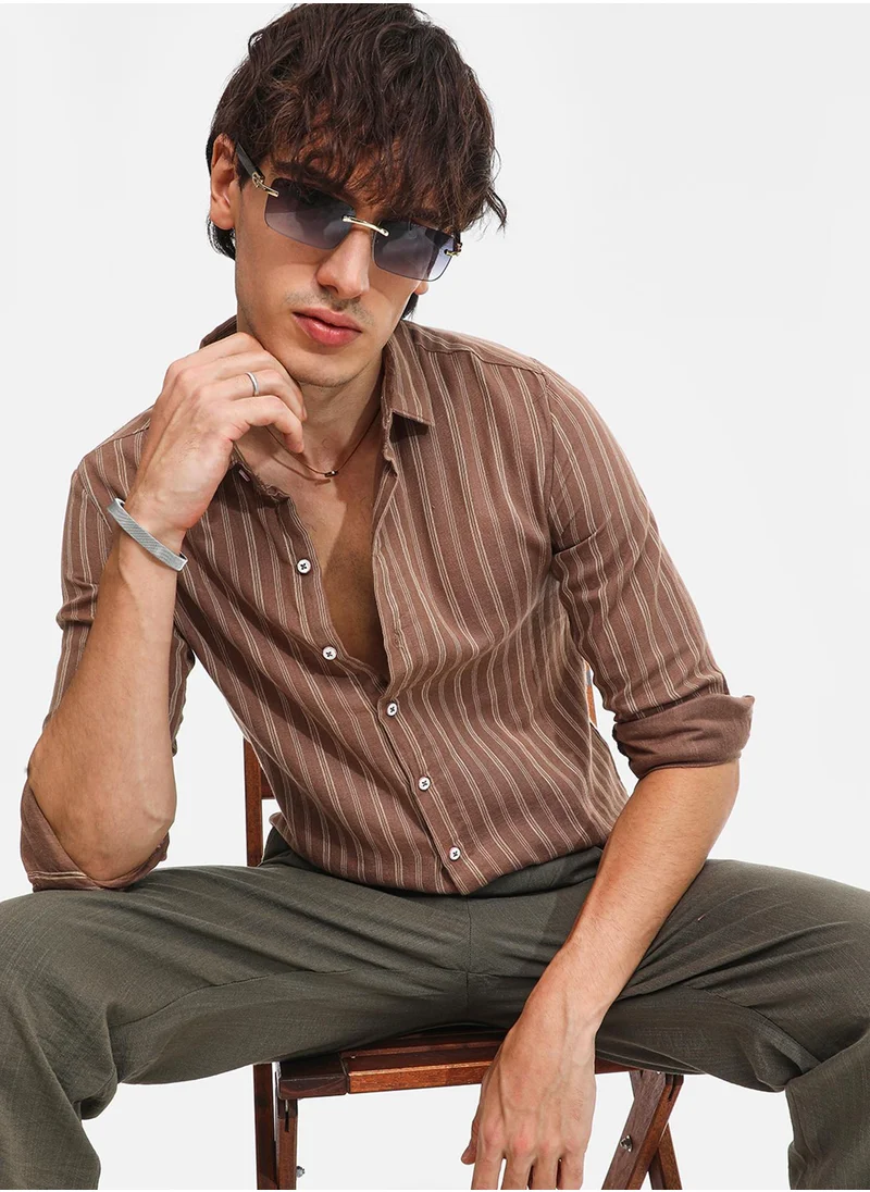 كامبوس سوترا Men's Tan Brown Halo Striped Shirt