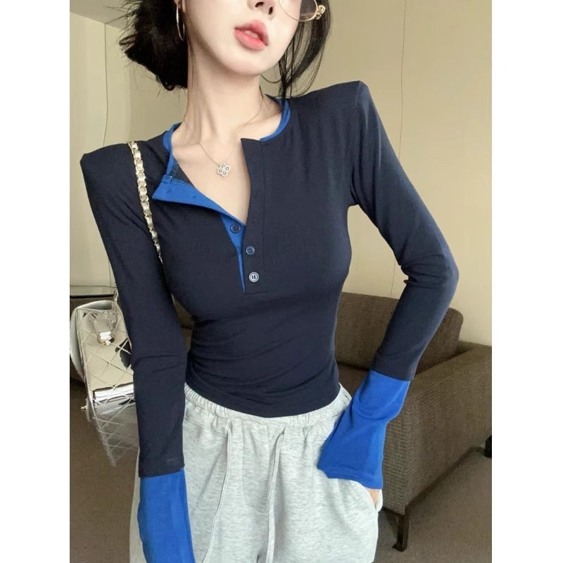 [Original Workmanship] All-Match Foreign-Style Contrast Color Long Sleeve T-Shirt Slim Fit Backing Shirt Women'S Slim Inner Jacket Autumn New - Image 2