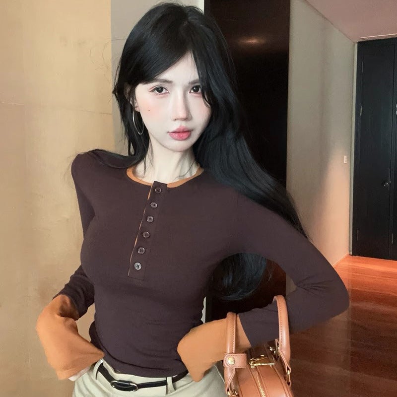 [Original Workmanship] All-Match Foreign-Style Contrast Color Long Sleeve T-Shirt Slim Fit Backing Shirt Women'S Slim Inner Jacket Autumn New - Image 3