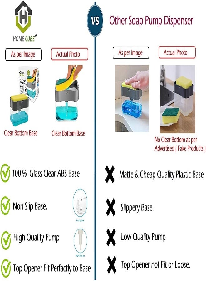 AKDC Home Cube 2 In 1 Soap Pump Plastic Dispenser For Dishwasher Liquid Holder (Clear Bottom Stand 385Ml) Free Sponge - Image 2